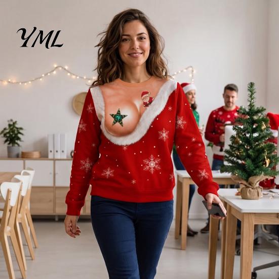 Lightweight Sweatshirt Christmas with Exposed Breast Print, Long Sleeve Crewneck Pullover for Women Shirt Women, Fake Low Cut Boob Pattern Top