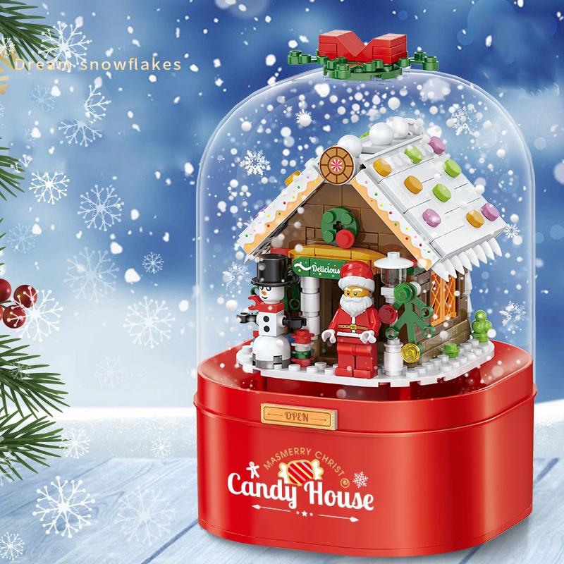 Christmas House Building Blocks Music Box with LED Lighting Compatible Building Blocks Small Particle Toys Children's Christmas Gifts