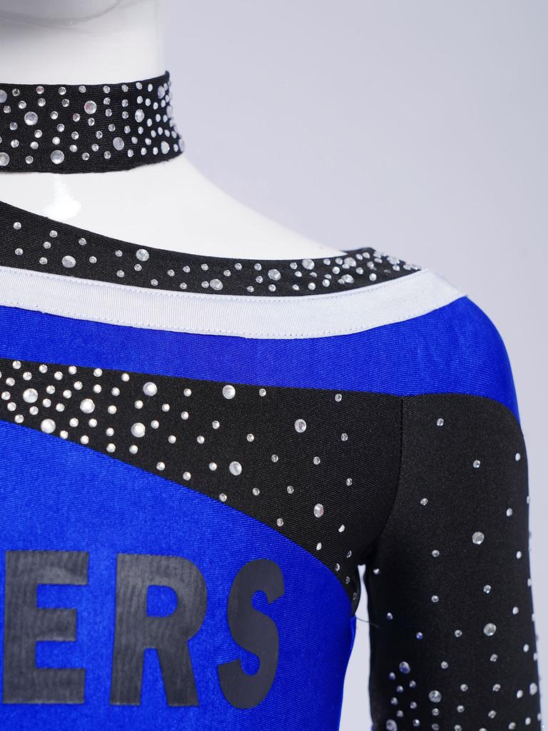 Girls Stage Performance Costume Long Sleeve Letter Print Shiny Rhinestones Color Block Cheerleading Set