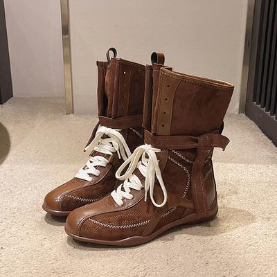 Весенние новые плоские одинарные ботинки женские с круглым носком, шнуровкой спереди, мягкой подошвой, противоскользящие, износостойкие, ботинки до середины икры