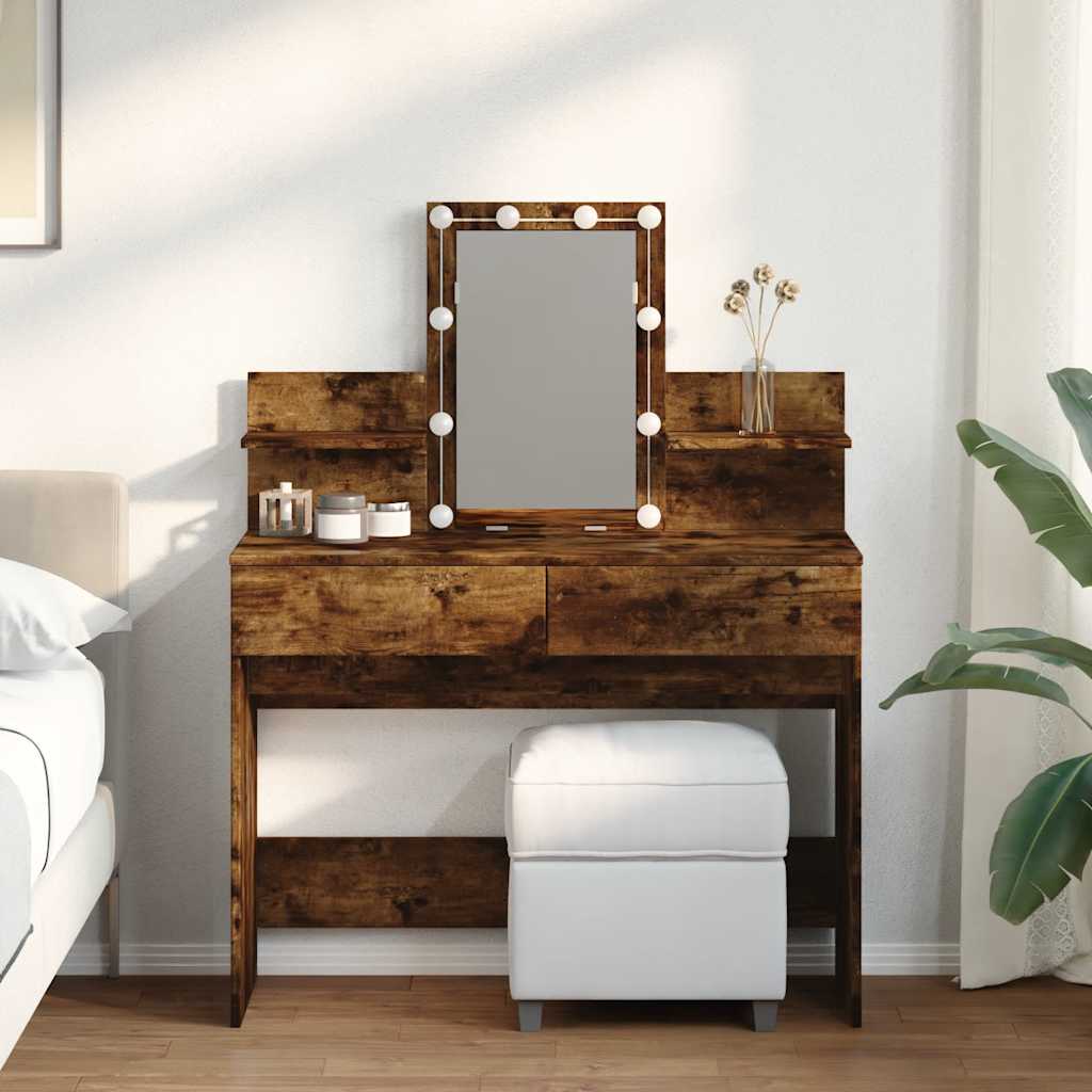 Makeup Vanity with LED Lighting Smoked Oak Finish 100 x 40 x 130 cm