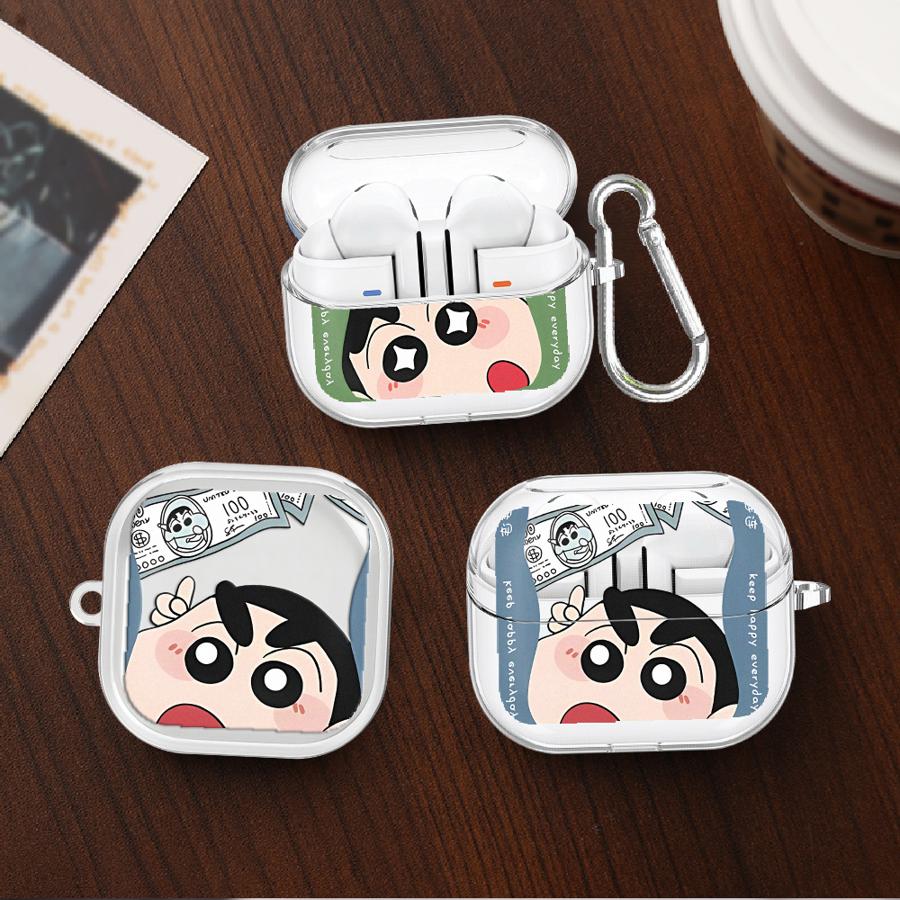 Case For Samsung Galaxy Buds 2 3Pro 4Pro Live 4 Pro 2Pro 3 FE Clear Earphone Cases Cover With Hook Crayon ShinChan Cartoon
