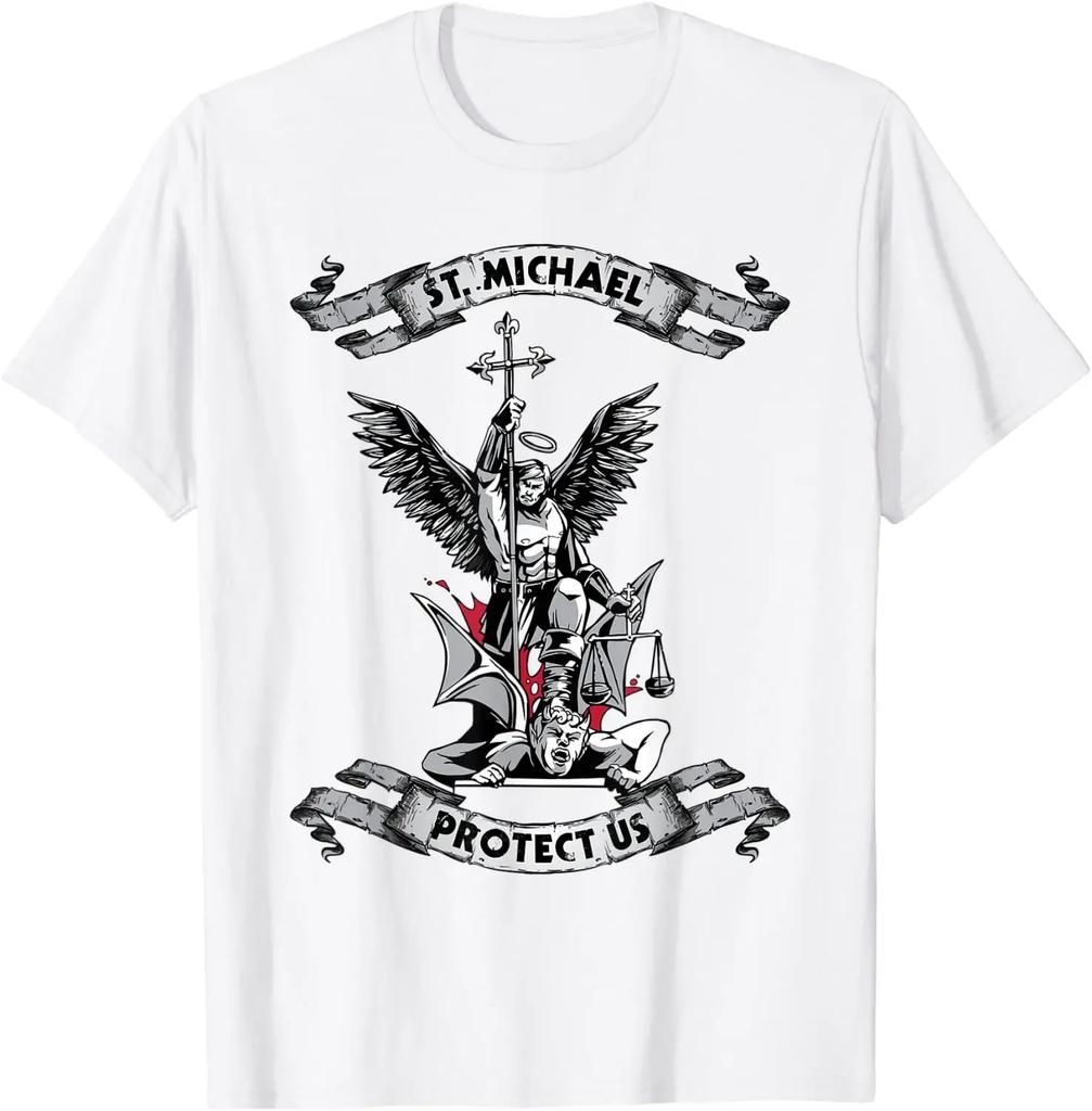 Premium Cotton Short Sleeve O-Neck T Shirt S-5xl Archangel Saint Michael Protect Us Defend Us T-Shirt clothing tops