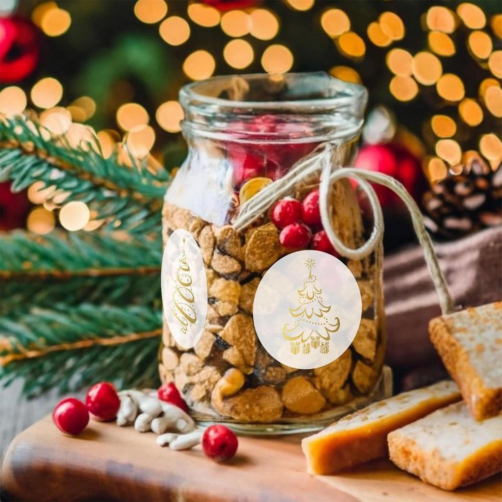 Рождественские наклейки для открыток, 500 штук прозрачные наклейки с елкой 2,5 см самоклеящиеся прозрачные с золотой фольгой праздничные наклейки в рулоне для вечеринки