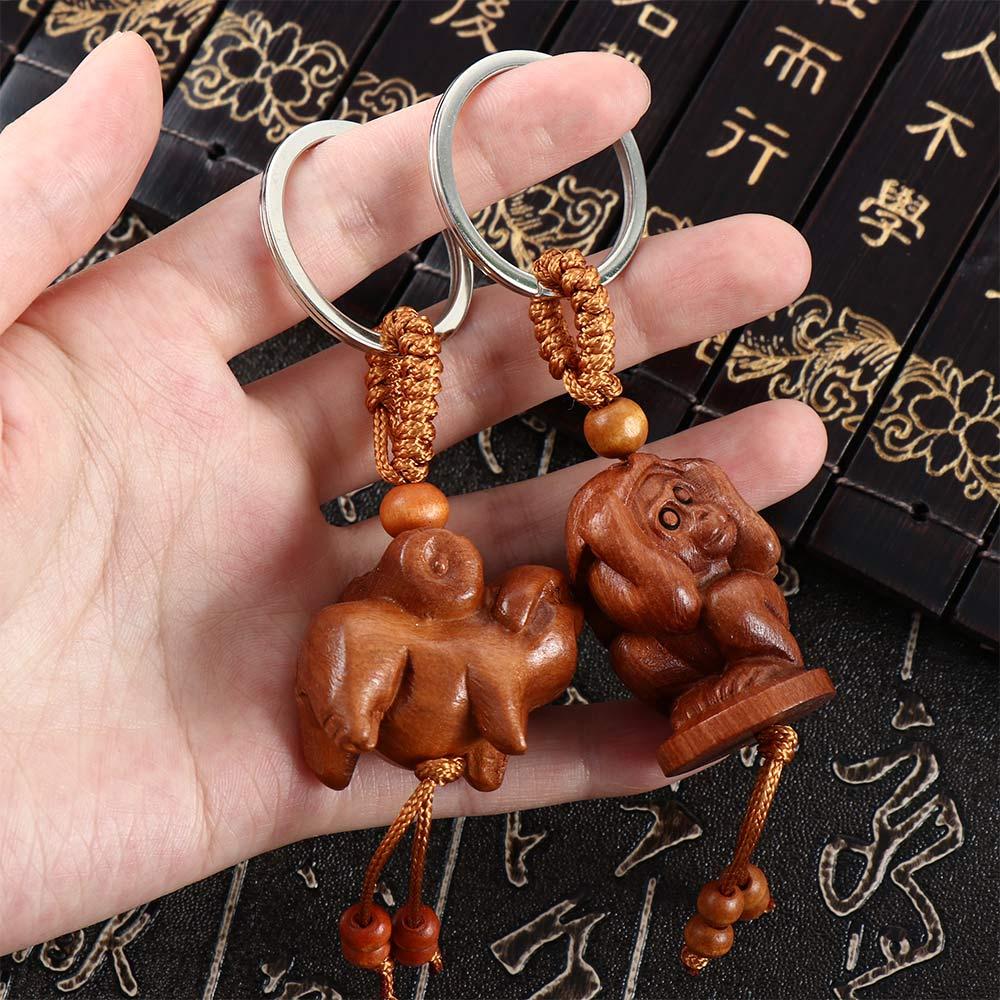 Ethnic Bag Pendant Lucky Key Chain Chinese 12 Zodiac Keychain Engraving Wood Keyring Mahogany