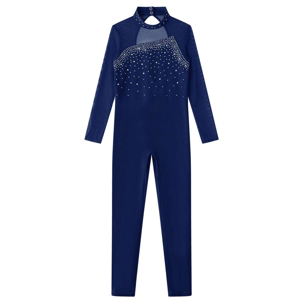 Стильная цельная одежда для катания на коньках для девочек, танцевальные трико с длинными рукавами и круглым воротником, блестящие стразы