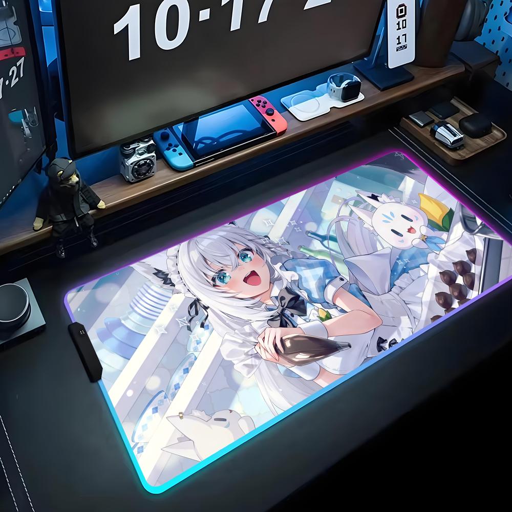 shirakami fubuki Mouse Pad RGB Gaming Mousepad Big LED Pad PC Desk Mat Luminous Mouse Pad Large Keyboard Mats Table Rug With