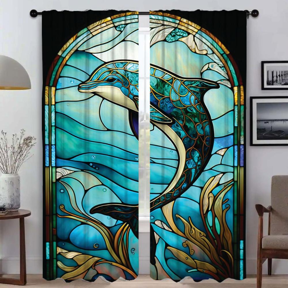 Stained Glass Sealife Blackout Curtains 2 Pieces Home Interior Curtains for Living Room Curtain Tulle for Bedroom Shades Kitchen