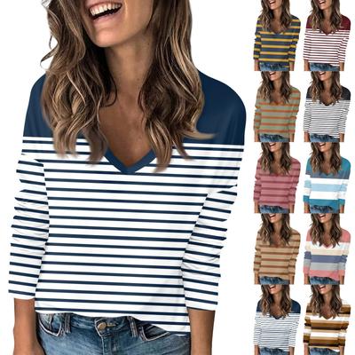 Женская футболка с принтом, с заниженной линией плеч, с длинным рукавом, повседневная, выходного дня, модная, базовая, с V-образным вырезом, обычная, топ