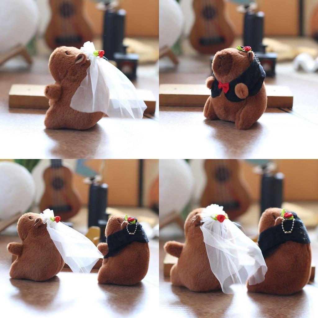Wedding Cute Capybara With Rose Mesh Headwear Plush Fill Toy Keychain Pendant
