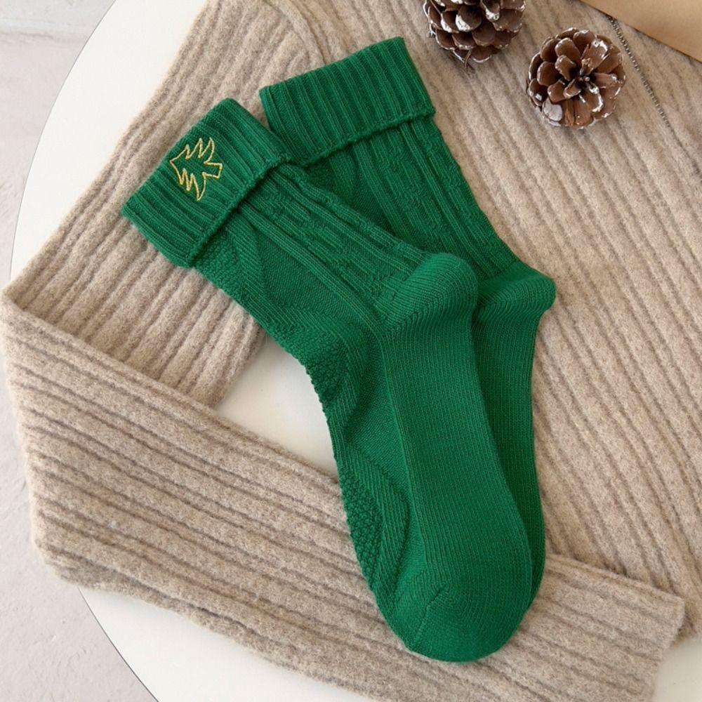 Cartoon Christmas Socks Embroidery Knitted Socks Cute Mid Tube Socks