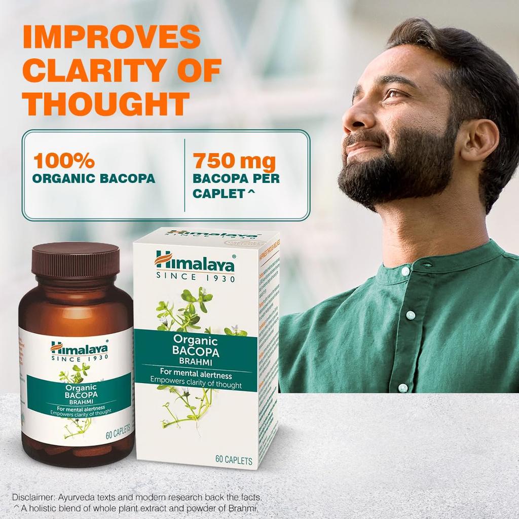 Himalaya Organic Brahmi Caplets For Memory Focus Mental Alertness Positive Mood 60 Veg Capsules