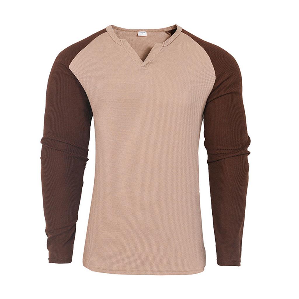Мужская футболка с V-образным вырезом, цветная блочная, с длинным рукавом, повседневная, спортивная, облегающего кроя, топ