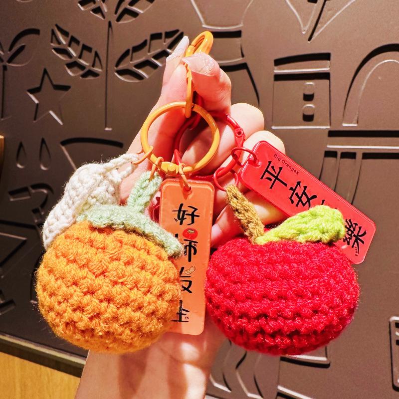 Handmade Crocheted Persimmon Keychain, "Good Things Happen" Lucky Charm,Lucky Persimmon Peanut Keyring, Hand-Knitted Fruit Pendant with Wish Tag