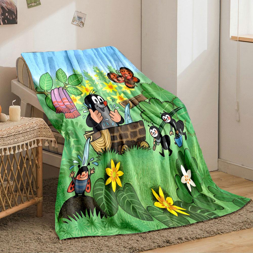 A cheerful mole bathes in a wooden tub among vibrant nature and insects. for all seasons blanket lunch break throw gift