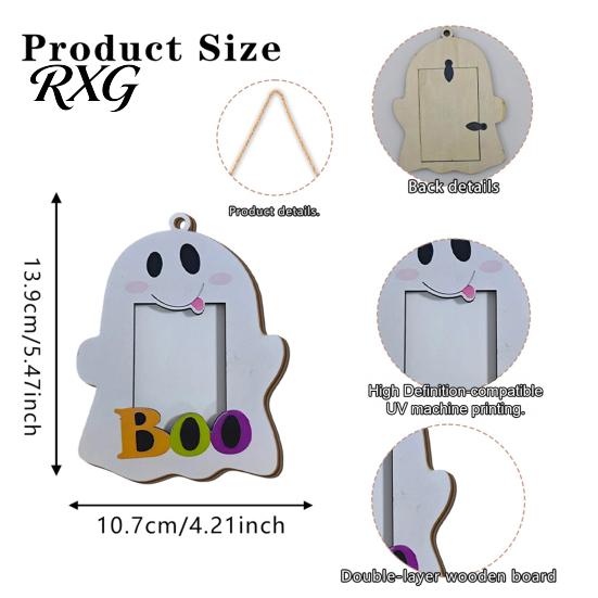 Solid Wood Photo Ornament Halloween Cute Ghost Wooden Frame with Hanging Rope, Creative Family Display Picture for Holiday Party Decor And Home