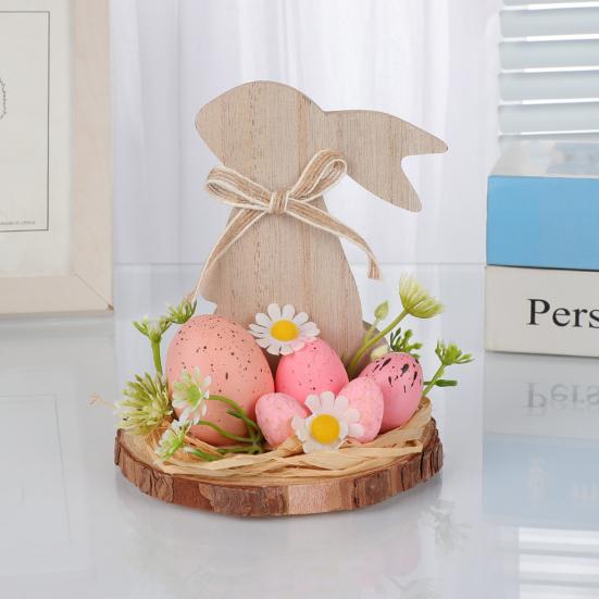 Wooden Easter Bunny Decoration Farmhouse Rustic Artificial Flower Colorful Egg Rabbit Table Sign Desktop Ornament