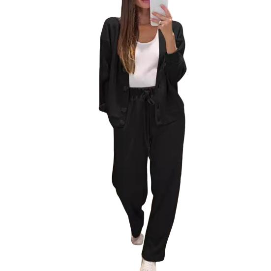 2 Pcs/Set Women Shirt Pants Set V Neck Single-breasted Long Sleeves Knitted Loose Top Drawstring Elastic