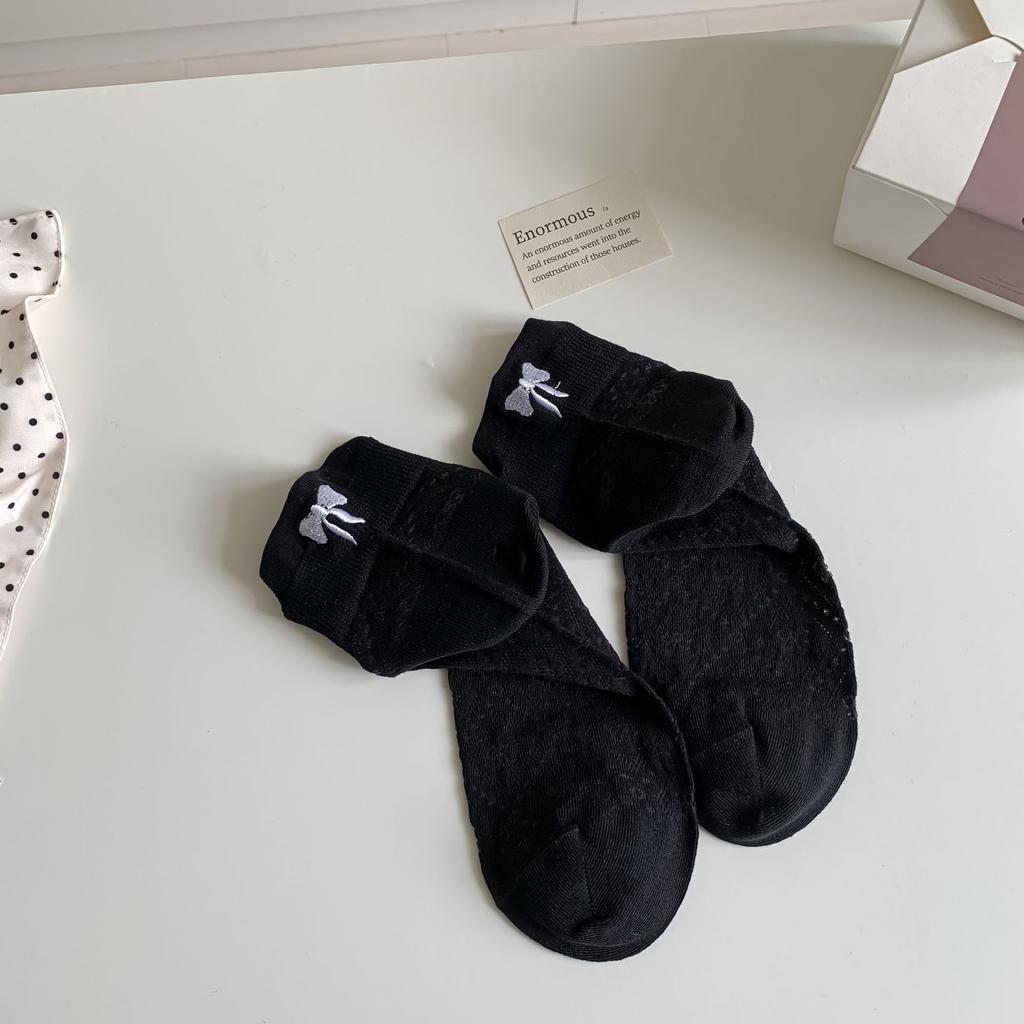 Женские конфетно-цветные полые тонкие дышащие невидимые носки корейского стиля, милые с вышивкой бантиком на пятке