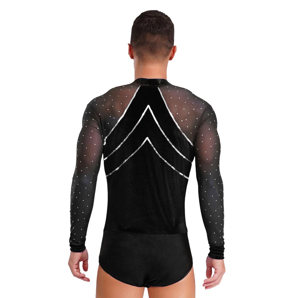 Men Latin Dance Leotard Mesh Long Sleeve Deep V Neck Velvet Shiny Rhinestones Bodysuit