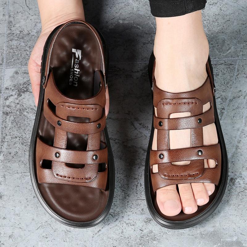 Модные летние мужские черные сандалии из высококачественной кожи, повседневная обувь для мужчин, дышащая пляжная обувь, уличные тапочки, пляжная обувь с латексной подкладкой