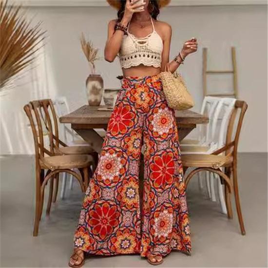 Women's High Waist Loose Casual Resort Style Bohemian Printed Flare Pants