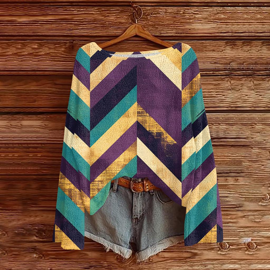 Women's Casual Fashion Round Neck Top Carnival Print Long Sleeve Knit Pullover