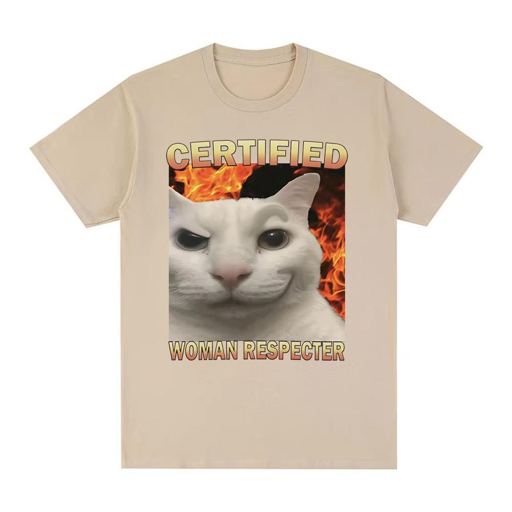 2026 SpringSummer Certified Feminine Respecter Funny Cat Emoticon Mens and Womens Fashion Retro TShirts