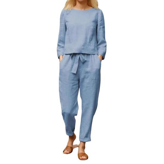 2 шт./комплект женский топ брюки комплект круглый вырез длинный рукав блузка винтажные эластичный пояс брюки повседневный досуг свободный наряд