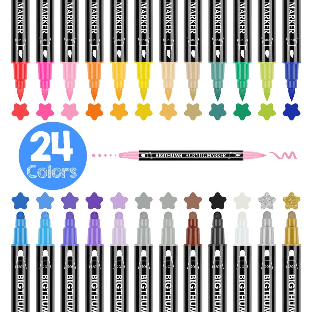24 упаковки акриловых маркеров с яркими цветами, быстросохнущие, нетоксичные с двумя наконечниками для детей и взрослых