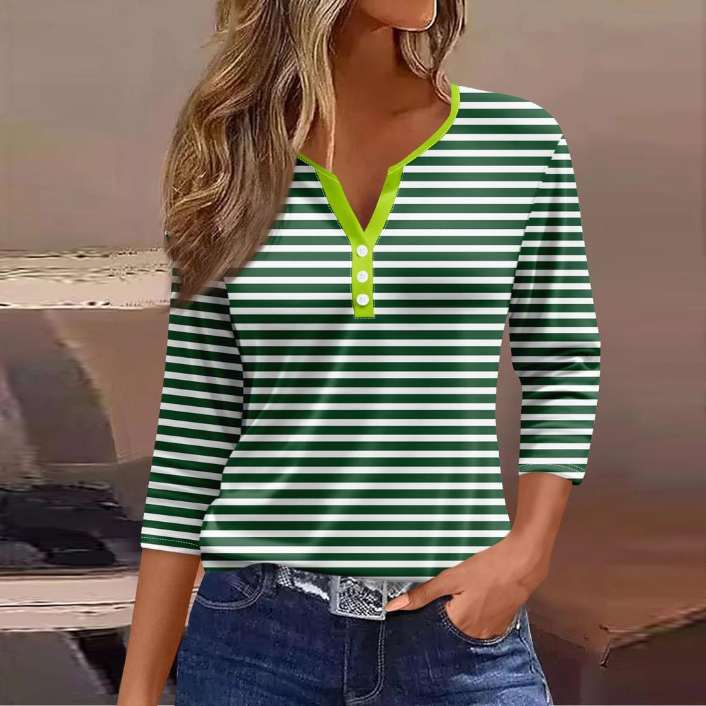 Жен. Футболка Футболка С принтом Пуговицы Рукав 3/4 Повседневные Выходные Мода Классический V-образный вырез Обычный Топ