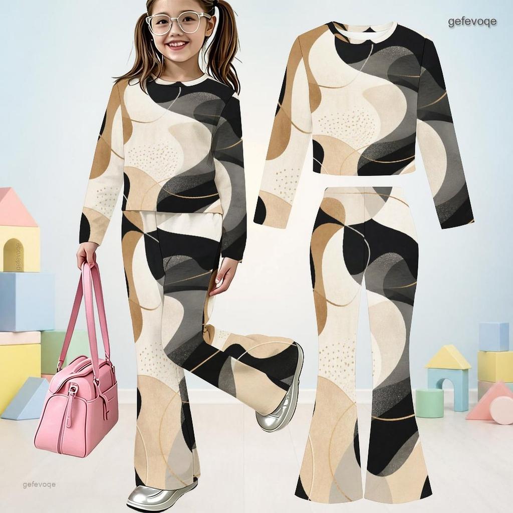 Girls Round Neck Long Sleeve Printed Top And Flared Pants Two Piece Outfit