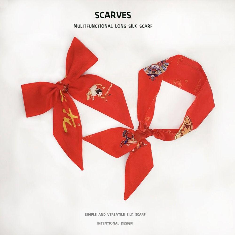 Printed New Year Red Silk Scarf New Year Scarves Scarf Hair Band Long Scarf New Year Decoration