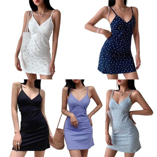 Summer Women V-neck Sleeveless Mini Dress Sling Floral Print High Waist Backless Party Dress Women Slim Fit Dress Streetwear