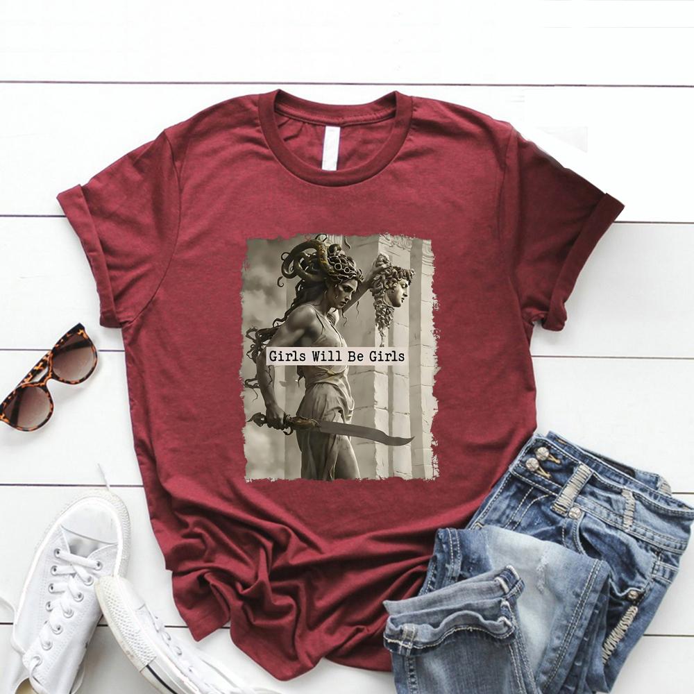 Girls Will Be Girls T-Shirt Feminist Shirt Women's Empowerment Tee Vintage Short Sleeve Halloween T-shirt Casual Graphic Tees