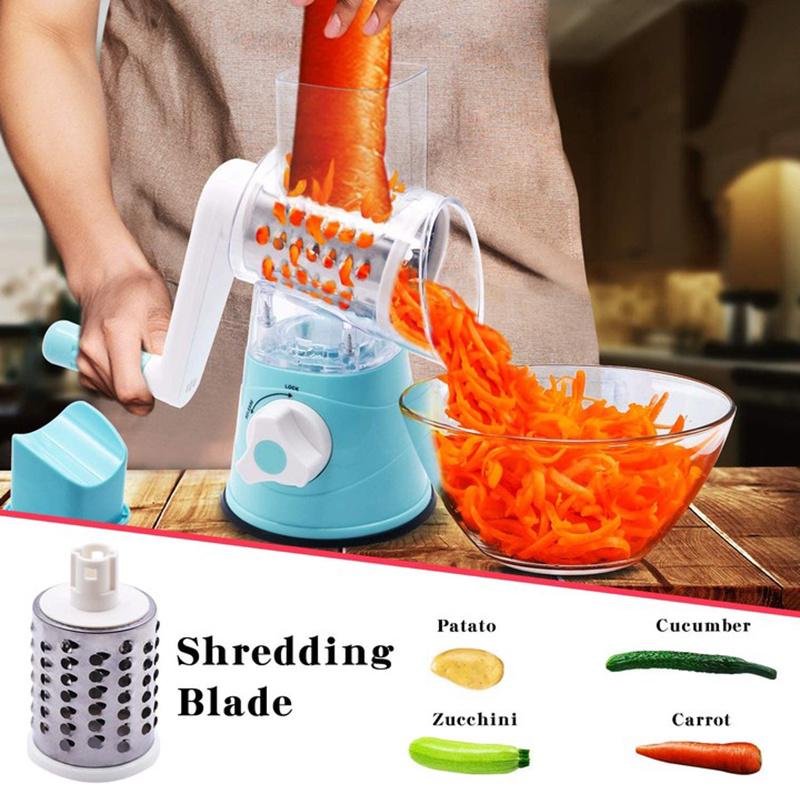 Механическая овощерезка с тремя различными насадками и различных цветов. Быстрое и удобное крепление к поверхности