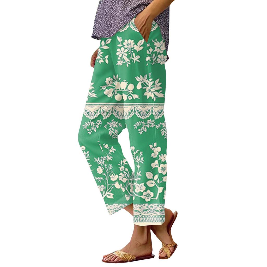 Женские модные повседневные брюки с цветочным принтом, прямые брюки с карманами и эластичной талией