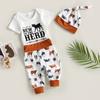 Baby Boys Pants Suit, Casual Street Party Short Sleeve Letters Romper+ Bull Print Jogger Trousers + Hat