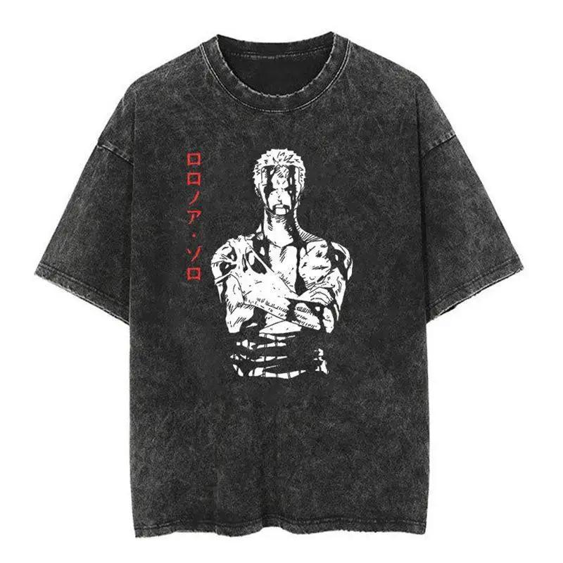 Japanese Anime One Piece Cotton Print Tshirt Retro Cotton Washed Shortsleeved Tshirt For Men And Women Y2k Harajuku Tee Tops