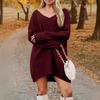 Women's Fashion Casual V-neck Long Sleeve Rib Knitted Sweater Dress