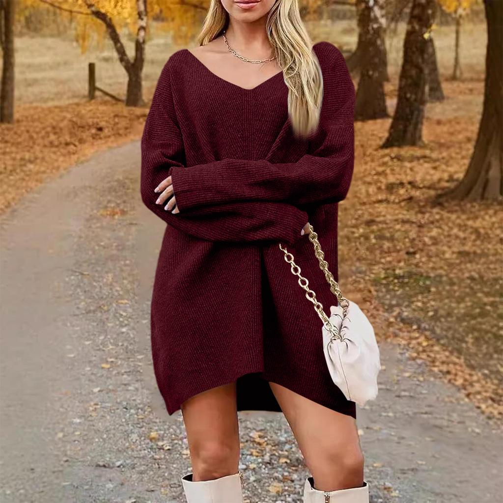 Women's Fashion Casual V-neck Long Sleeve Rib Knitted Sweater Dress