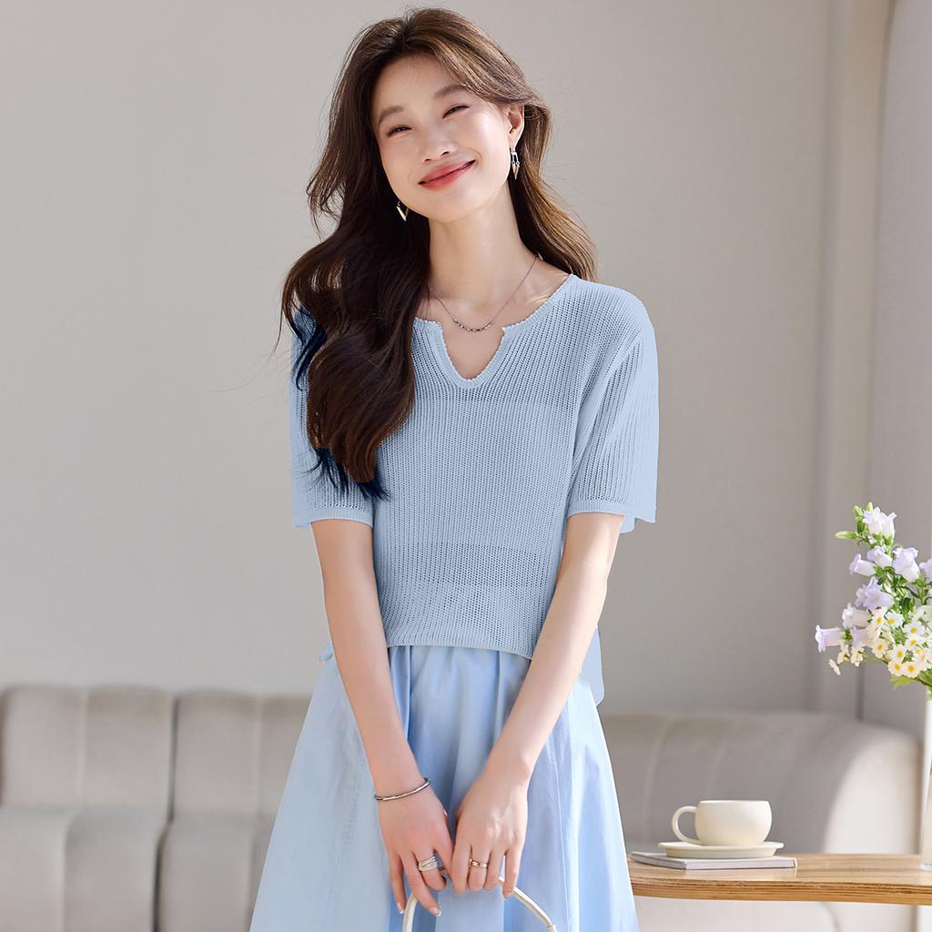 Thin high-end V-neck linen short sleeved knitted shirt, summer new casual T-shirt, pullover top, versatile women's clothing