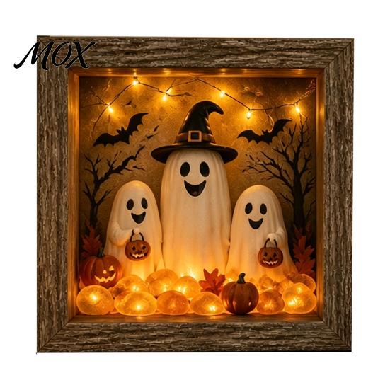 Decorative Seasonal Lights Halloween Lighted Frame Ornaments, Light Up Shadow Box, Warm Detailed Resin Ornaments Atmosphere LED for Home Living