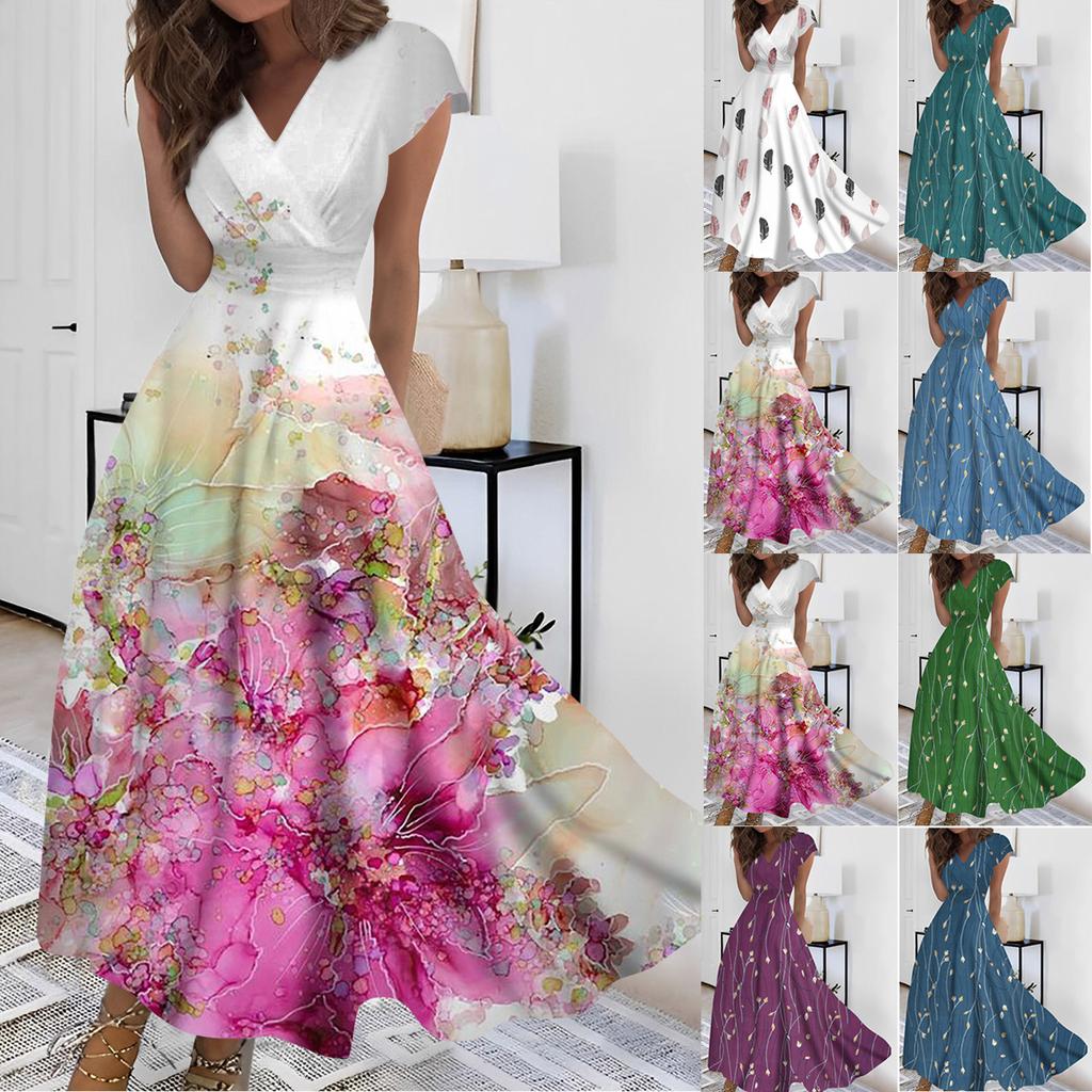 Жен. Длинное платье Платье макси Повседневное платье Шифоновые платья Свободное платье Сплошной цвет На каждый день Для взрослых На открытом воздухе Повседневные платья С рюшами С короткими рукавами Платье с v-образным вырезом