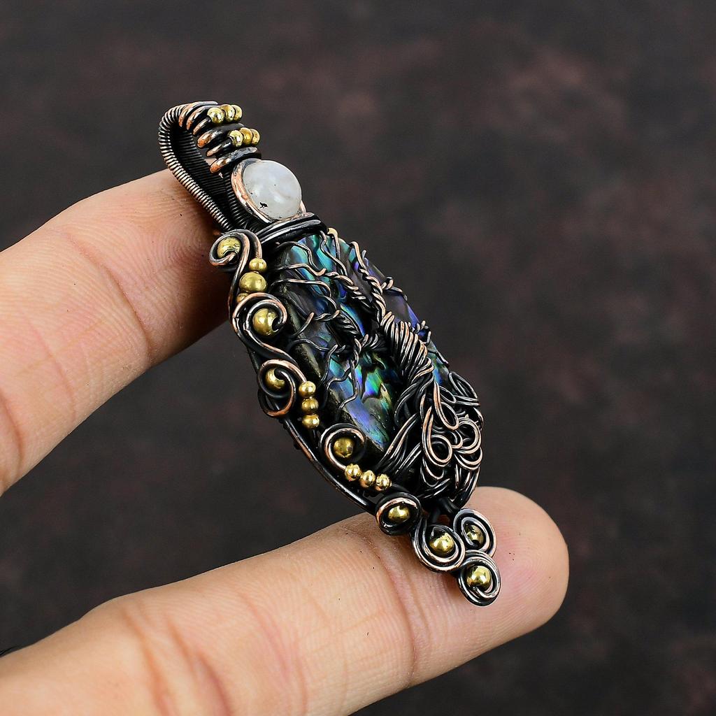 Древо жизни Подвеска из ракушки морского ушка Медная проволока Подвеска Радужная подвеска из лунного камня Драгоценный камень Подвеска ручной работы Медные украшения для подарка