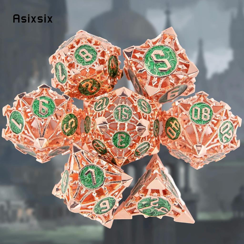 7 шт. красные, зеленые металлические кубики, набор полых металлических многогранных кубиков, подходящий для ролевой ролевой игры, настольной игры, карточной игры