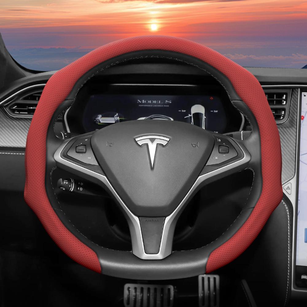 Подходит для Tesla, Чехол на перфорированное кожаное рулевое колесо, Нескользящий, Впитывающий пот, Дышащий, Интегрированный защитный чехол-защелка для Model 3 Y S