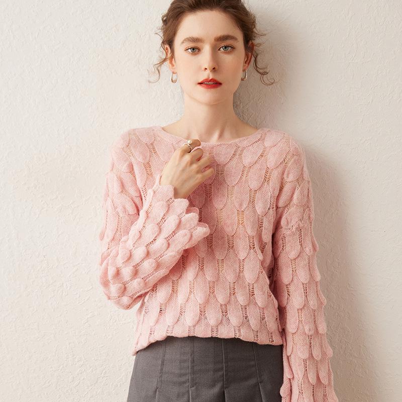 Women's High-End French Cashmere Sweater: Hollowed-Out, Round Neck, Bell Sleeves, 2024 Trend