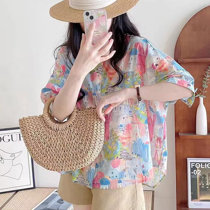 Женская летняя рубашка в стиле бохо - Свободная рубашка с коротким рукавом на пуговицах с цветочным принтом для повседневной носки и многослойности