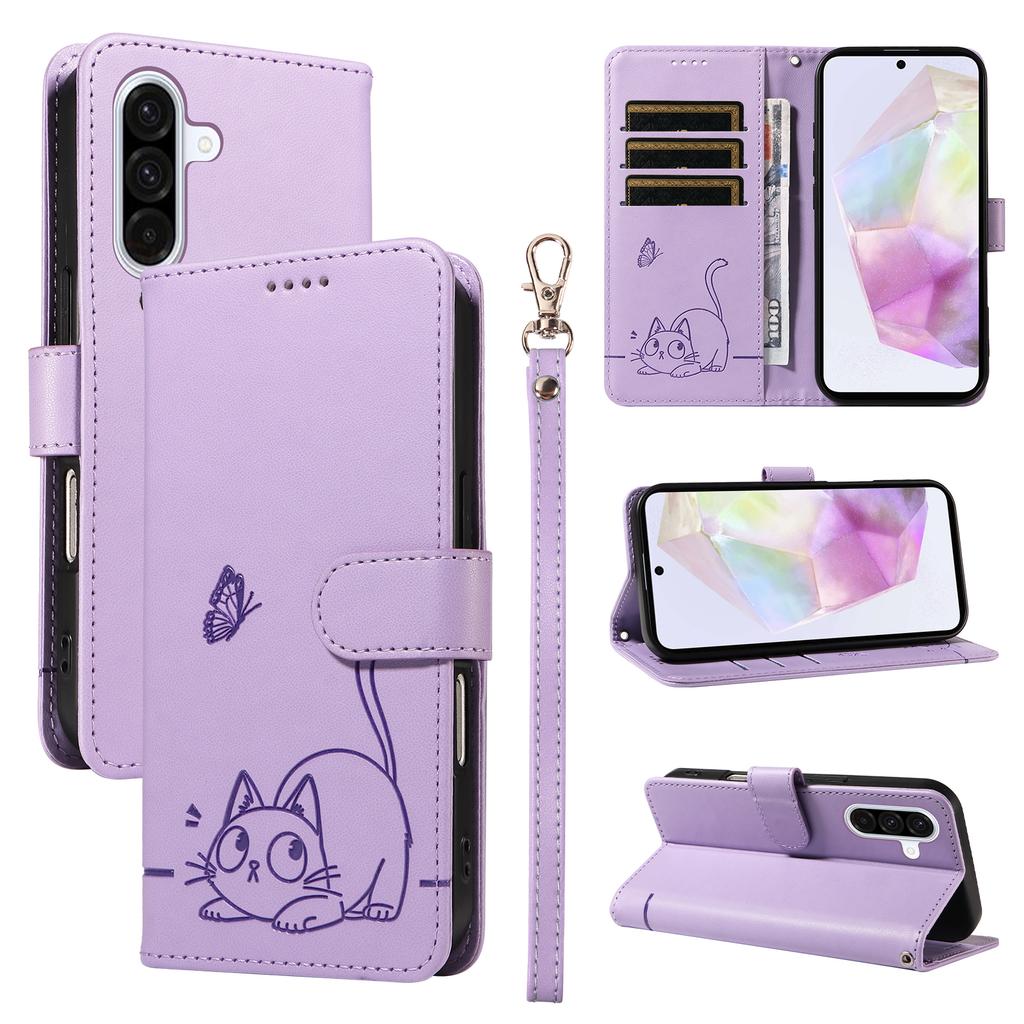 For Samsung Galaxy A36 5G Case Cat Pattern Imprint Leather Phone Cover with Wrist Strap